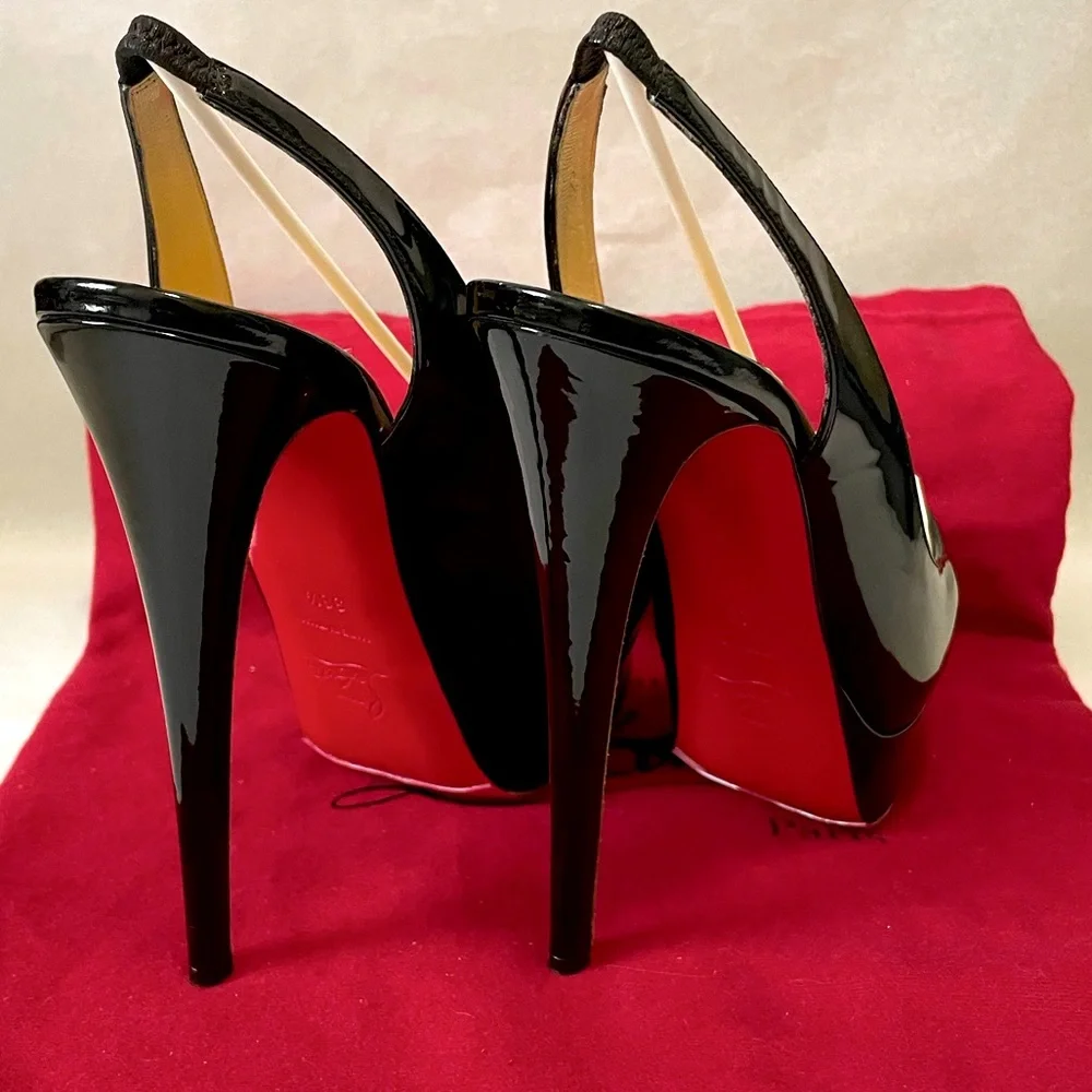Christian Louboutin “Lady peep” sling peeptoe pumps 150mm Blk patent lthr EU37